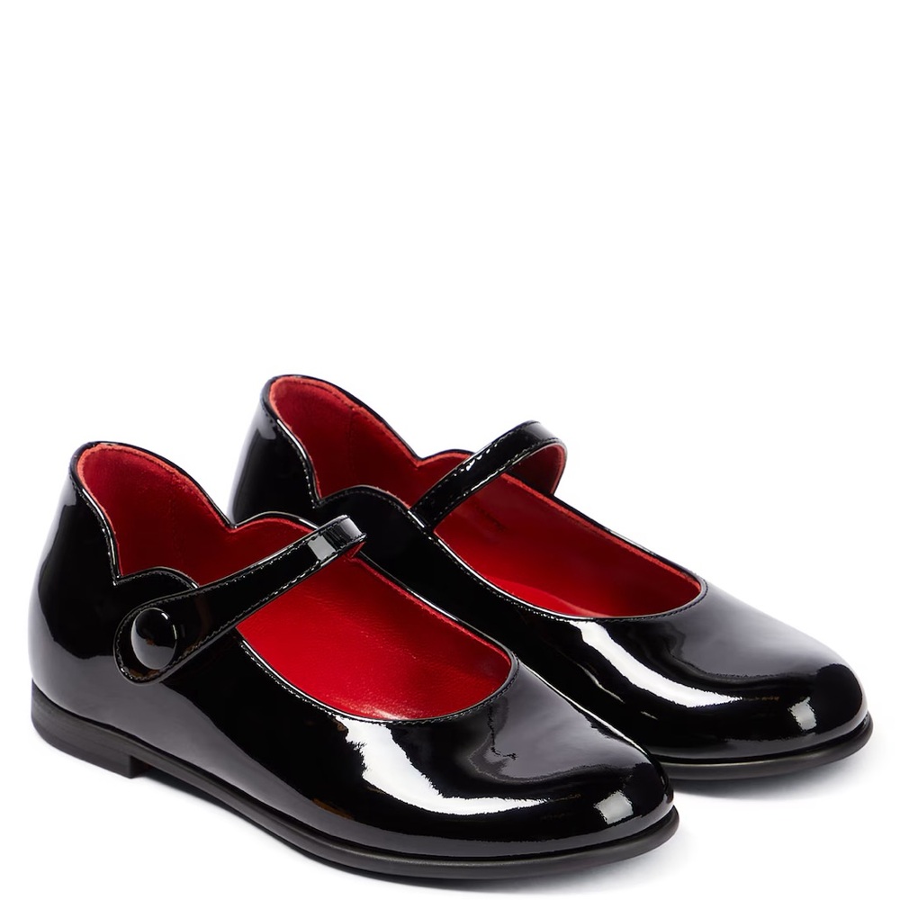 Girls Christian Louboutin Black and Red Dress Shoes with Patent Finish